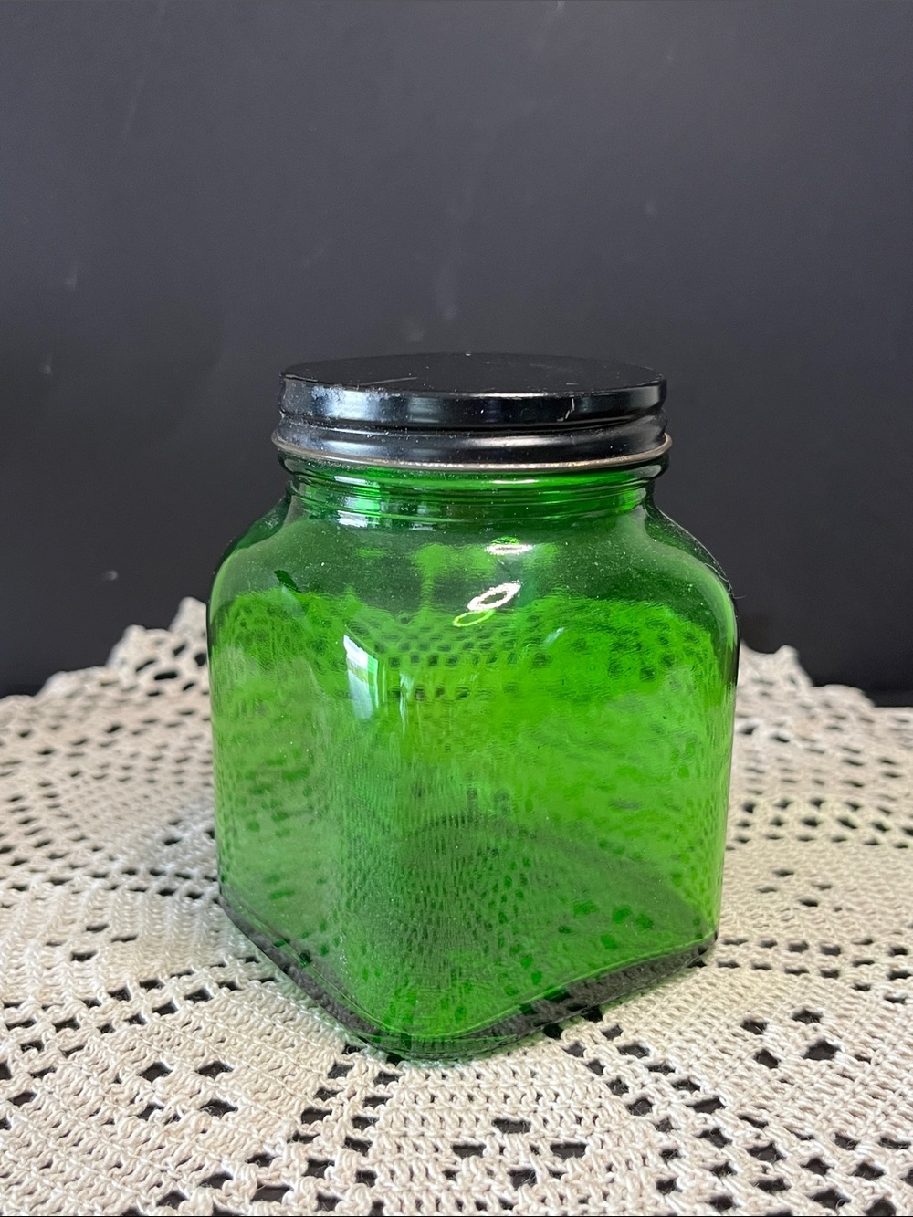 Vintage Duraglas 8 Oz Emerald Green Glass Jar With Black Lid